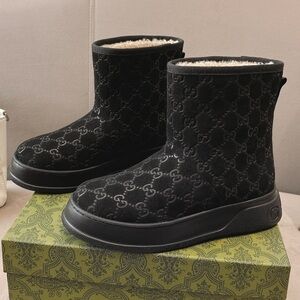 Women's Gucci Black GG Embossed Shearling-Lined Platform Ankle Boots